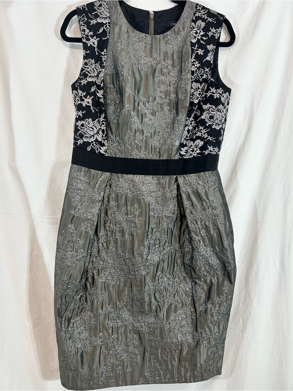 Carmen Marc Valvo Metallic Jacquard Lace Cocktail Dress Black Silver Size 10